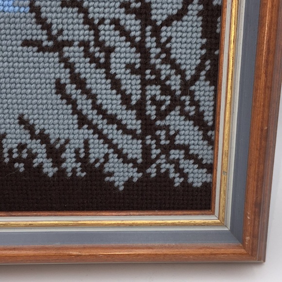 Needlepoint Sunset Cottage Waterfront Landscape Scene Trees Framed Art 26" x 22" - Picture 4 of 11